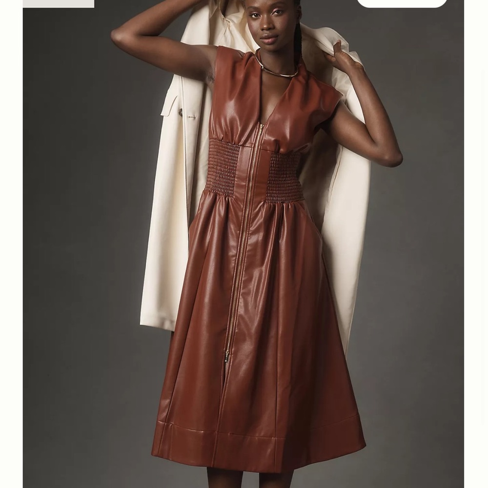 Anthropologie - Tommie Cap-Sleeve Front-Zip Shirt Dress: Faux Leather Edition